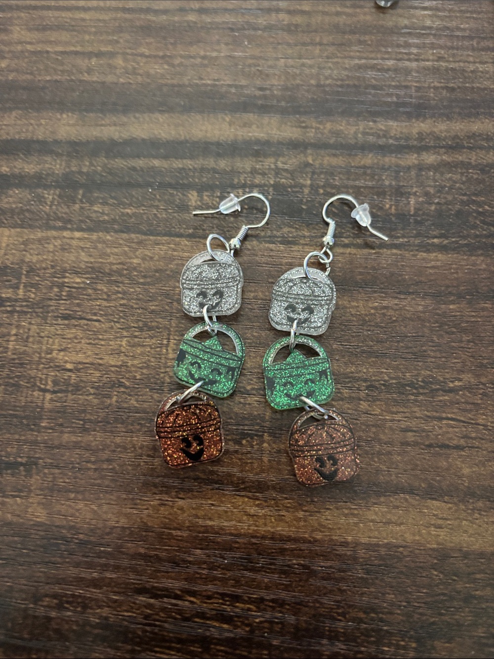 Sparkle Triple Dangle Handbag Charm Earrings - Silver, Green & Copper